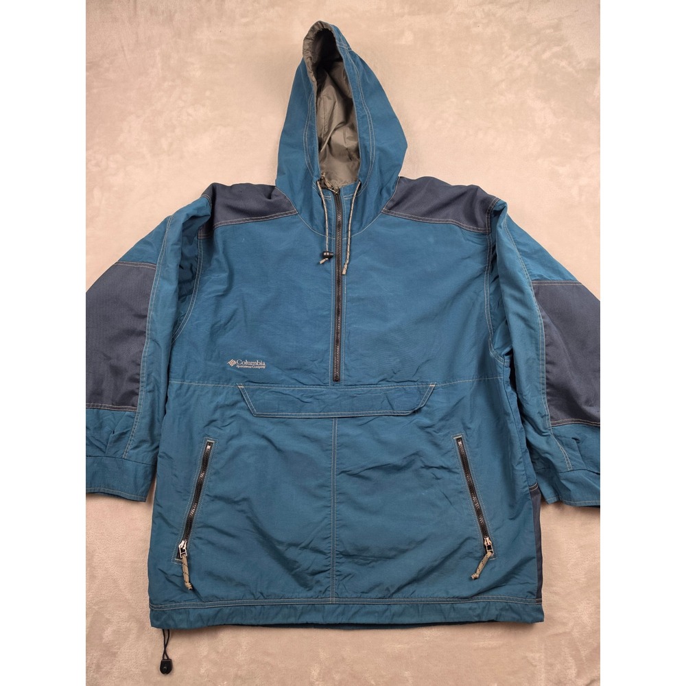 Vintage Columbia Anorak Jacket Mens L Blue Half‎ Zip Hooded Pullover Windbreaker